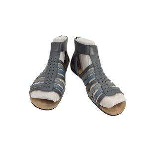 Earth Origins Womens 9 Blue Grey Leather Gladiator Sandals Flat Back Zip Strappy